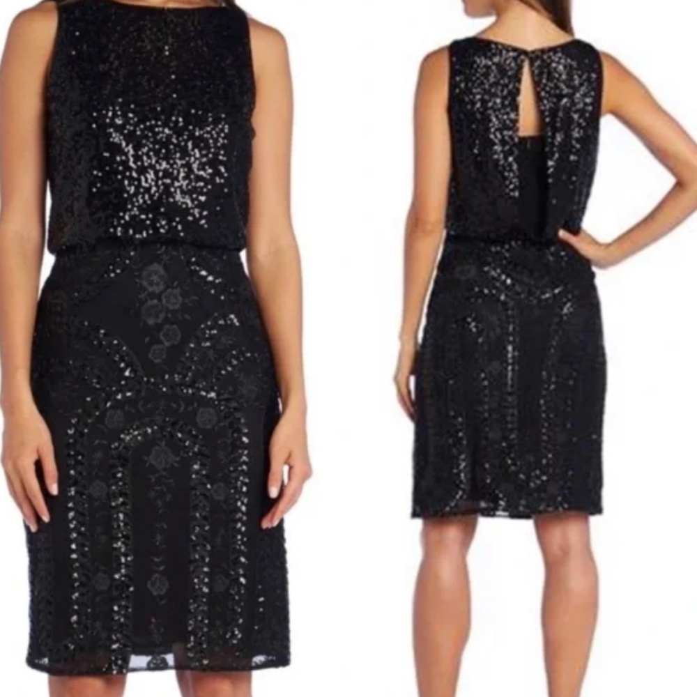 Black sequin cocktail dress with blouson top and fitted skirt